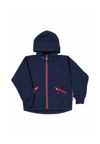 Mörkblå fleecejacka med huva, röd dragkedja och två framfickor. Har elastiska ärmslut och en rak fåll. Enkelt design.