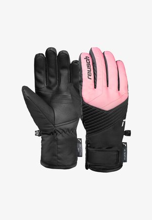 Gants de ski noirs et roses avec une paume en cuir, tissu isolant, accents texturés et sangles au poignet réglables pour un ajustement sûr.