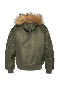 Kurtka bomberka w oliwkowej zieleni z kapturem wykończonym futerkiem, błyszczący materiał, ściągacze na rękawach i dopasowany fason. Miękka faktura, minimalistyczne detale.