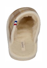 Beige check-patterned slipper made of wool with a soft white lining. Features a blue, red, and white accent tag with label.