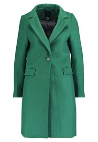 Abrigo largo verde hecho de un material similar a la lana. Presenta solapas con muesca, dos bolsillos delanteros y un cierre de un solo botón. Textura suave.
