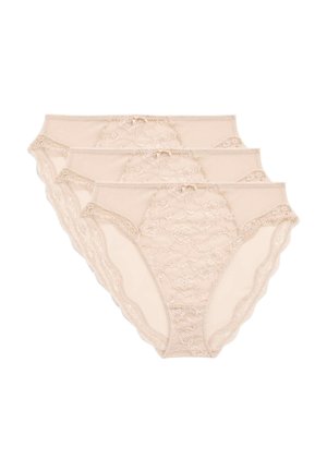 Set van drie damesonderbroeken in zacht beige. Bloemenkantdetails aan de voorkant, golvende randen en een gladde achterkant.