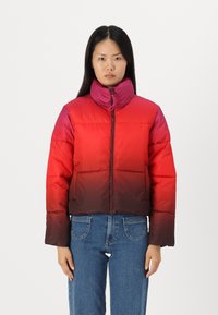 Giacca puffa cropped in un gradiente che va dal rosso a un bordeaux scuro, con un colletto alto e chiusura a zip. Realizzata in un materiale liscio e lucido.
