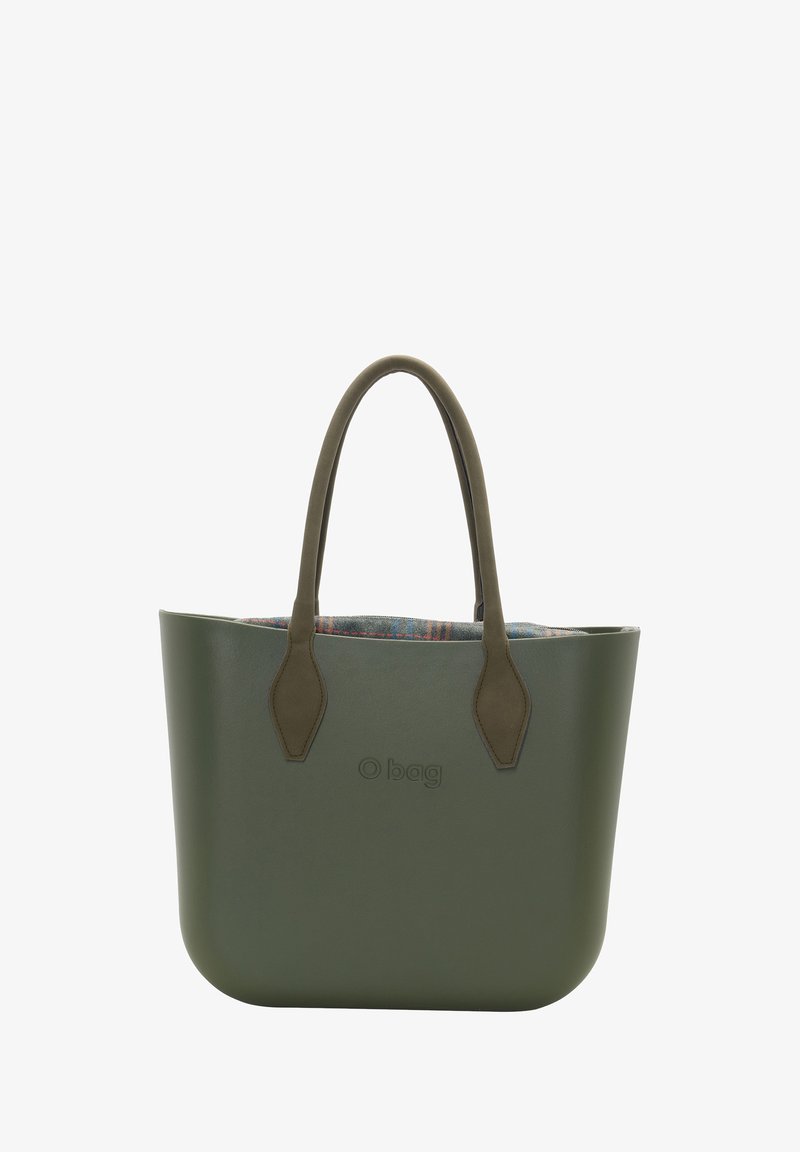 Green minimalist tote bag made of plastic with two short handles. Features a patterned fabric lining visible at the top. Logo embossed on the front.