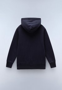 Sudadera de algodón navy con mangas largas, capucha espaciosa y puños y dobladillo acanalados. Textura suave con un diseño minimalista, vista desde atrás.