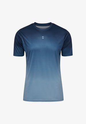 Athletisches Kurzarmshirt mit Farbverlauf von Dunkelblau zu Hellblau, gefertigt aus glattem Stoff mit reflektierendem Logo auf der Brust.