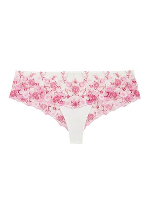Culotte en dentelle blanche pour femme avec broderie florale rose et bordures festonnées, vue de face sur fond blanc.