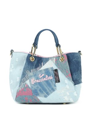 Borsa a mano patchwork in denim con manici blu, tasca frontale ricamata con "Tua Braccialini" e dettagli in metallo color oro.