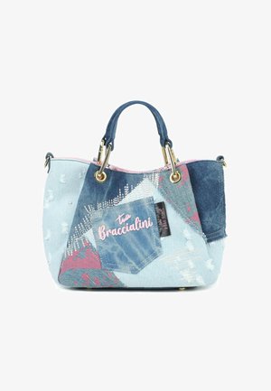 Borsa a mano patchwork in denim con manici blu, tasca frontale ricamata con "Tua Braccialini" e dettagli in metallo color oro.