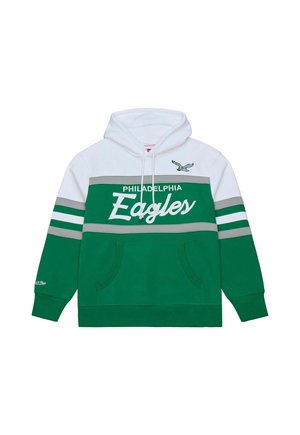 Grün-weißes Philadelphia Eagles Hoodie mit grauen Streifen, Vorderkängurutasche und Eagles-Logo auf der Brust und dem linken Ärmel.