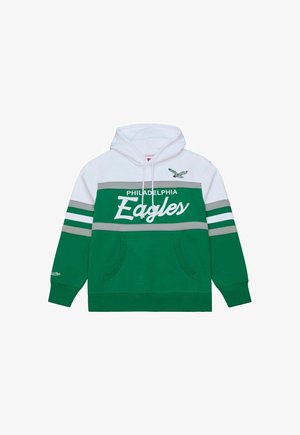 Zielono-biała bluza z kapturem Philadelphia Eagles z szarymi paskami, przednią kieszenią kangura i logo Eagles na piersi oraz lewym rękawie.
