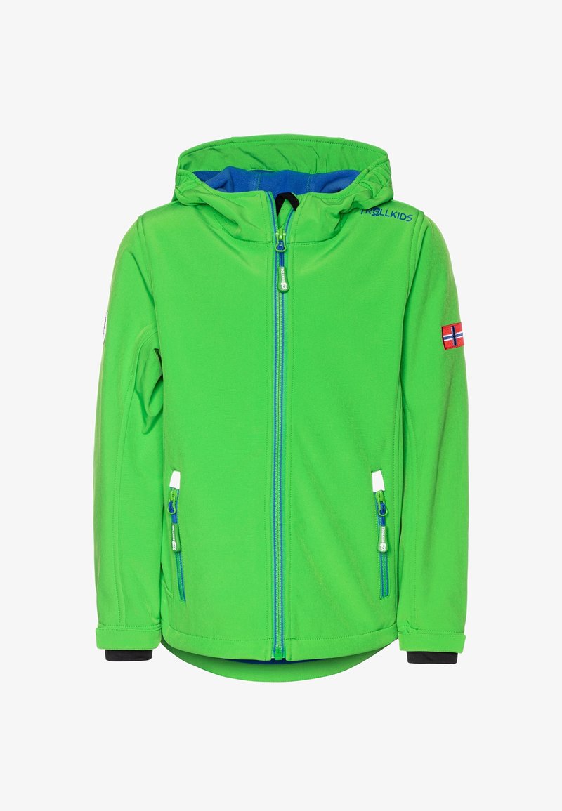 Zelená fleece bunda s modrým vnitřkem, přední zip, dvě boční kapsy se zipy a aplikace norské vlajky na rukávu.