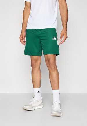 Pantalones cortos deportivos verdes con un material de malla texturizado, con rayas y logotipo de Adidas en blanco. Combinados con calcetines deportivos y zapatos blancos.