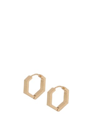 Orecchini a cerchio geometrici in tonalità oro con forma quadrata, caratterizzati da una finitura lucida e chiusura a cerniera per un facile utilizzo.