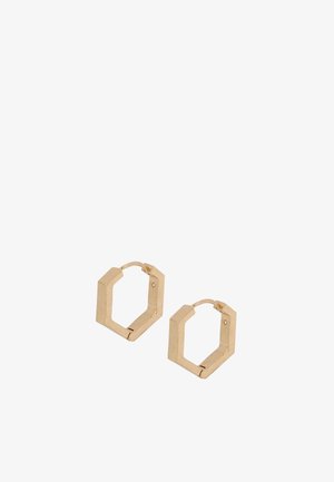 Goudkleurige geometrische creolen met een vierkante vorm, met een gepolijste afwerking en een scharnier sluiting voor gemakkelijk dragen.