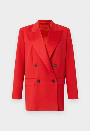 Punainen kaksoisnapitettu bleiseri, jossa on terävät kaulukset, kaksi etutaskua, mustat napit ja jämäkkä muotoilu. Silkkinen kangas.