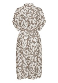 Midi šaty s veľkými abstraktnými listovými vzormi v béžovej a bielej farbe, s krátkymi vyhrnutými rukávmi, golierom a opaskom v páse, zobrazené zozadu.