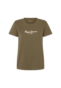 Alyvų žalia trumparankovė marškinėlių su apvalia apykakle, su baltais užrašais „Pepe Jeans London“ ant krūtinės. Lygus medvilnės audinys.