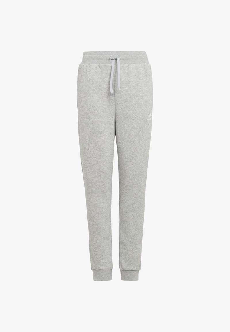 Gray sweatpants made of soft cotton blend. Features an elastic waistband with drawstring, side pockets, and ribbed cuffs at the ankle.