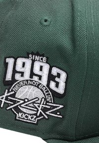 Grüne Baseballmütze mit gesticktem weißen Text "SEIT 1993" und "NIE NICHT BALLIN'" sowie einem Basketball-Graphic. Strukturiertes Design und strukturierter Stoff.