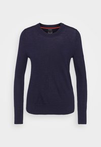 Marineblaues Langarmpullover mit rundem Halsausschnitt. Aus leichtem Strickmaterial hergestellt, mit einer dezenten Textur und geripptem Saum.