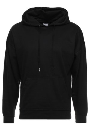 Zwarte pullover hoodie van een zachte katoenmix, met een voork pocket, een trekkoordkap en ribgebreide manchetten. Minimalistisch ontwerp.