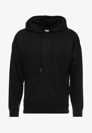 Schwarzer Pullover-Hoodie aus weichem Baumwollmix, ausgestattet mit einer Fronttasche, einer Kapuze mit Kordelzug und gerippten Bündchen. Minimalistisches Design.