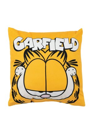 Gelbes quadratisches Kissen mit Garfields Gesicht mit halb geschlossenen Augen und dem Wort "GARFIELD" in großen weißen Buchstaben darüber.