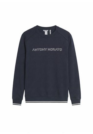 Felpa a girocollo a maniche lunghe blu navy con la scritta bianca "ANTONY MORATO" sul petto e bordi bianchi su polsini e orlo.