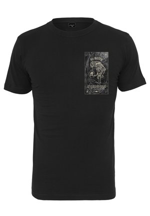 Sort t-shirt lavet af blød bomuld med et foranliggende grafisk motiv af en tiger og tekst i hvid, indrammet af et sort og gråt design.