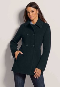 Dark green wool blend coat featuring a double-breasted design, large collar, front pockets, and two black buttons on each side.