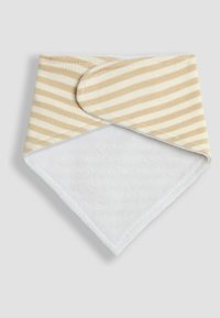 Bavaglino in cotone con strisce beige e bianche, dotato di un morbido lato in spugna bianca e una chiusura in Velcro per facili regolazioni.