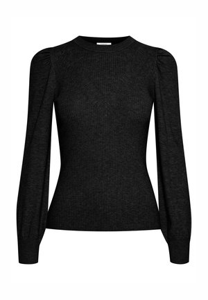 Schwarzer gerippter Pullover mit V-Ausschnitt, langen Puffärmeln und tailliertem Schnitt. Hergestellt aus strukturiertem Strickstoff. Keine auffälligen Muster.