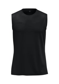Schwarzes ärmelloses Sporthemd aus glattem Stoff mit rundem Ausschnitt. Verfügt über ein dezentes Markenlogo auf der Vorderseite. Einfaches Design, ohne Muster.