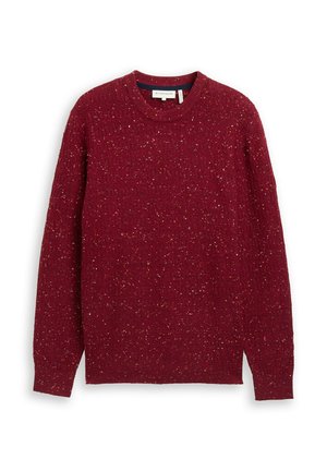 Maglione a maglia bordeaux con collo rotondo, motivo testurizzato e macchie di vari colori, dotato di maniche lunghe e polsini a coste.