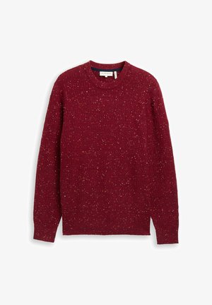 Maglione a maglia bordeaux con collo rotondo, motivo testurizzato e macchie di vari colori, dotato di maniche lunghe e polsini a coste.