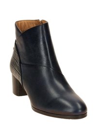 Navy Leder-Ankle-Boot mit spitzer Zehe, strukturiertem Seitenpanel und gestapeltem Absatz. Reißverschluss an der Rückseite für ein einfaches An- und Ausziehen.