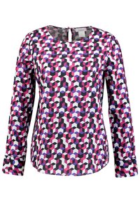 Blouse à manches longues avec un motif géométrique rose, blanc et noir, avec un col arrondi et une fermeture à boutons dans le dos.