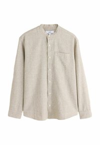 Camicia beige chiaro con bottoni, realizzata in tessuto strutturato. Presenta un colletto alla coreana, maniche lunghe e una tasca sul petto.