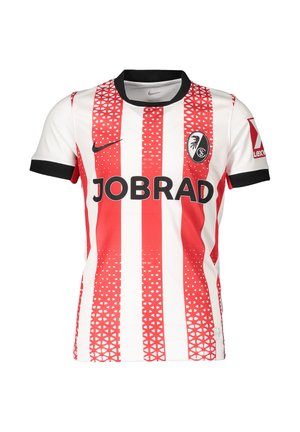 Rød- og hvidstribet fodboldtrøje med sort krave og manchetter, "JOBRAD" sponsor tekst, Nike-logo og SC Freiburg klubmærke på brystet.