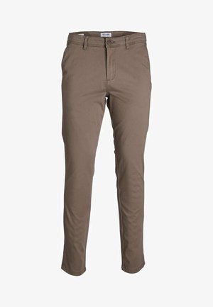 Brown slim-fit men's casual trousers with belt loops, button and zip closure, and front pockets.