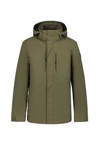 Olive green waterproof jacket with a high collar, adjustable hood, two chest pockets, and black hardware accents. Smooth texture.