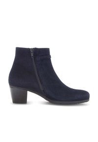 Navy blue suede ankle boot with a side zip closure, round toe, and a low stacked heel. Smooth texture with a sleek silhouette.