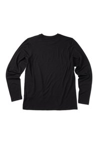 Schwarzes Langarmshirt aus weichem Stoff, mit glatter Textur, rundem Ausschnitt und normaler Passform ohne Verzierungen.