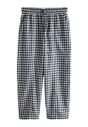 Navy und weiße Karottenhose im Gingham-Muster mit elastischem Bund, Kordelzug und Seitentaschen; aus einem leichten Stoff gefertigt.