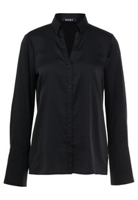 Blusa nera a maniche lunghe con colletto, chiusura frontale con bottoni e texture del tessuto liscia. Design semplice e classico.