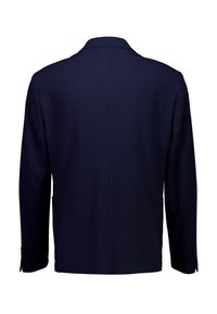 Blazer bleu marine foncé vu de dos avec manches longues et une couture centrale au dos, présenté sur un fond blanc uni.