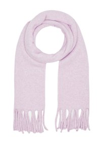 Écharpe lilas en tissu doux. Présente des extrémités frangées, une texture lisse et un design circulaire simple et continu.