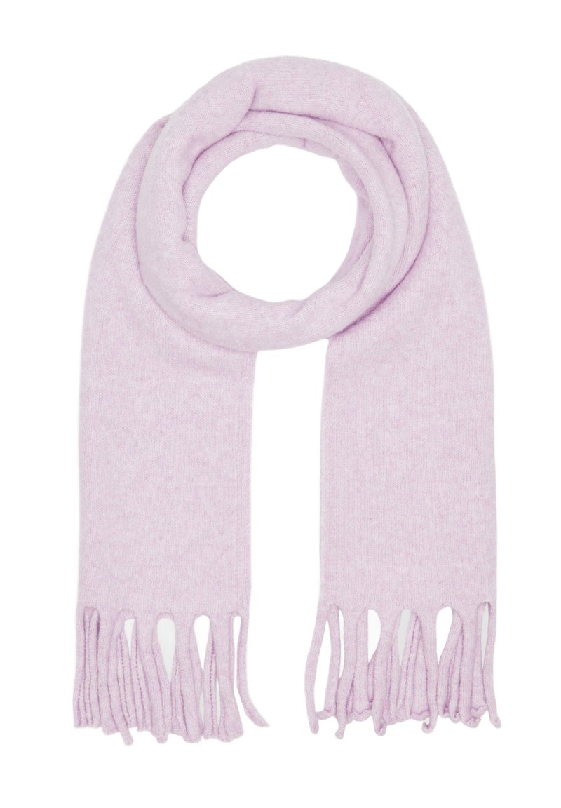 Écharpe lilas en tissu doux. Présente des extrémités frangées, une texture lisse et un design circulaire simple et continu.
