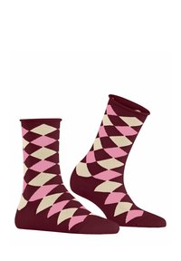 Bordowe skarpetki z geometrycznym wzorem diamentów w odcieniach różu i kremu. Design prezentuje na przemian kolory o gładkiej fakturze.